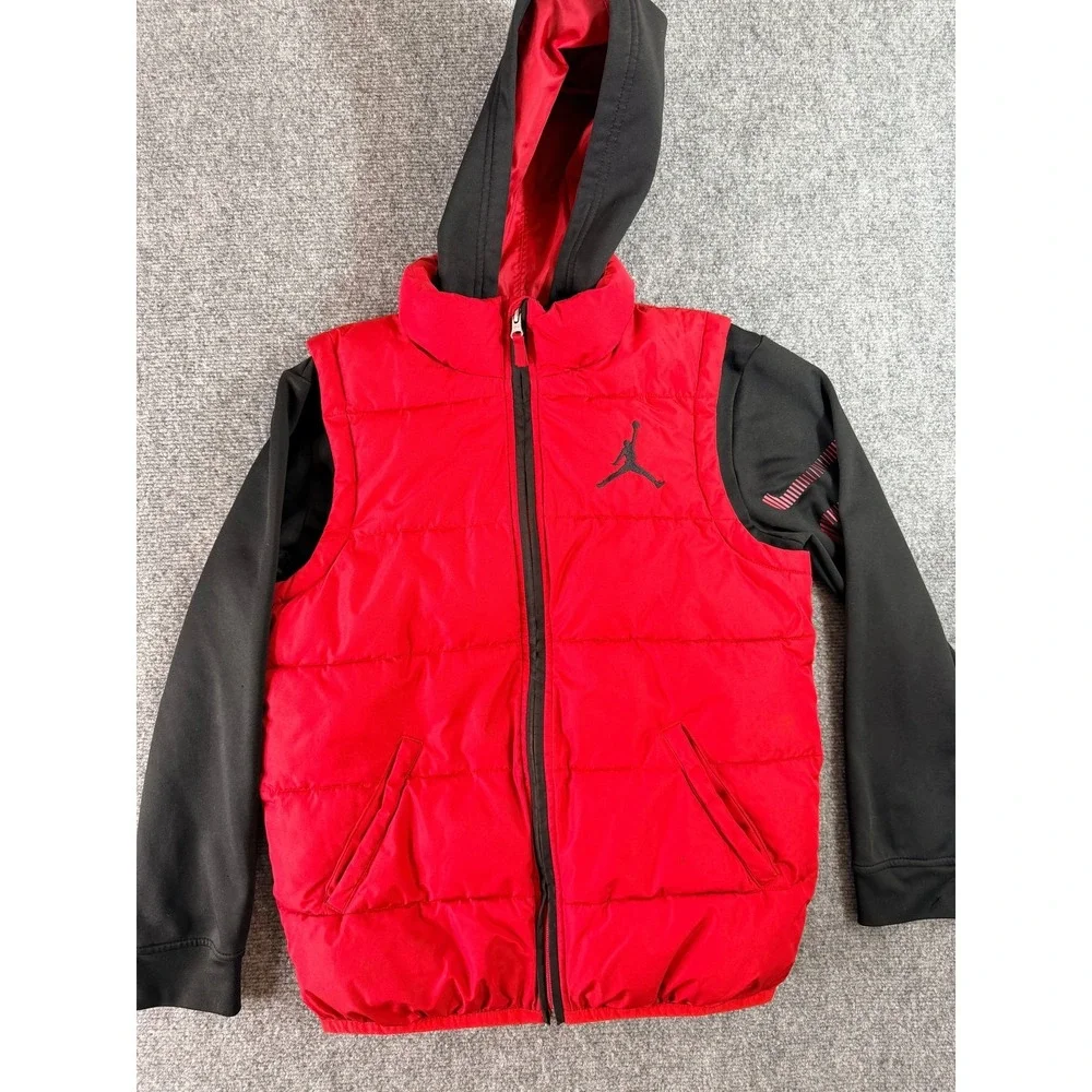 Jordan Boys Puffer Vest Hooded Jacket‎ M 10-12 YRS Red Black Full Zip Therma-Fit